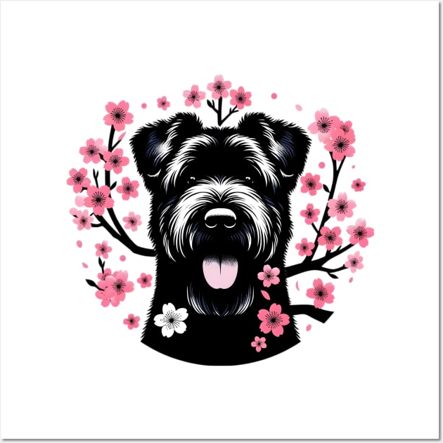 Black Russian Terrier Revels in Spring's Cherry Blossoms Wall Art by ArtRUs